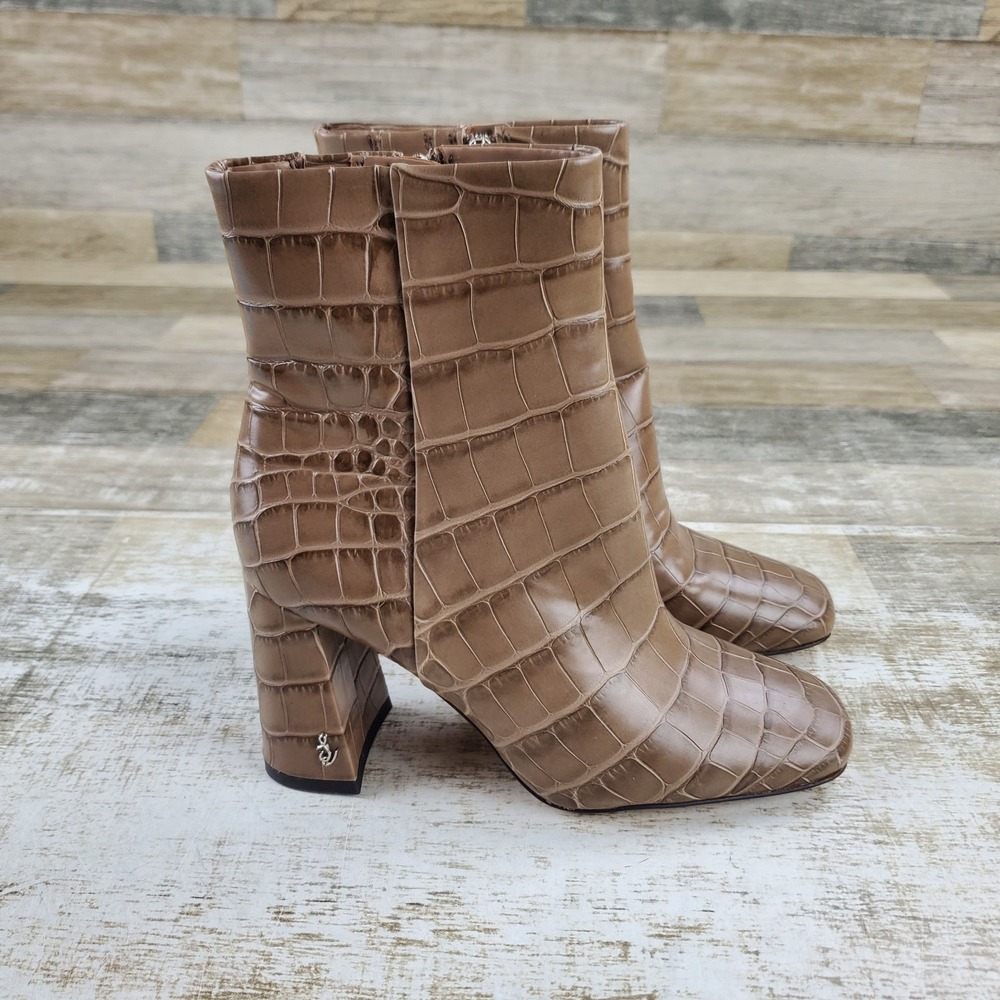 Sam Edelman Codie Womens Ankle Bootie Sz 5 M Beige Crocodile Side Zip Square Toe